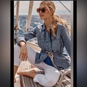 J. Jill Love Linen Casual Blue Tie Waist 100% Linen Utility Chore Jacket